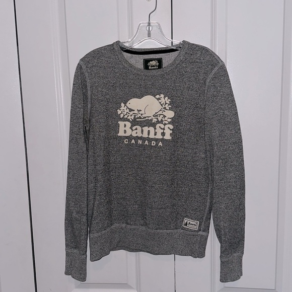 Roots Banff Canada heathered gray scoop neck sweatshirt w/Banff logo cream, S/P - Picture 1 of 6